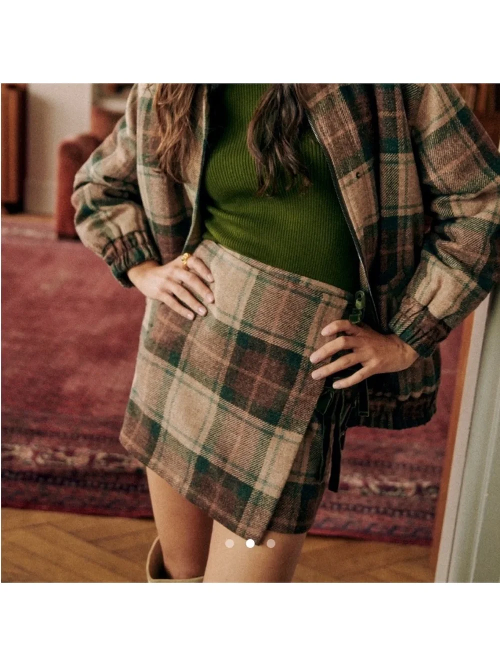 NWOT Sezane Opaline Plaid Mini Skirt in Olive and Brown size 2 XS